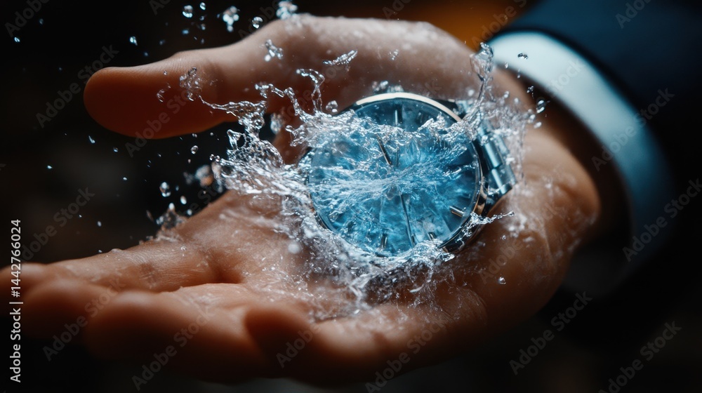 Fototapeta premium Water splashing on wristwatch in hand close-up