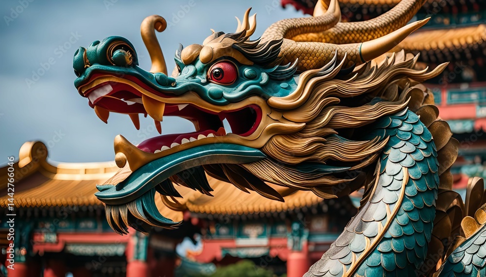 Fototapeta premium Closeup of a Golden Dragon Statue in a Chinese Temple