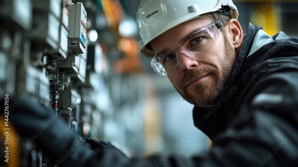Skilled Technician Working with Electrical Equipment in Industrial Setting with Safety Gear and Focused Expression Skilled Technician Working with Electrical Equipment in Industrial Setting with Safety Gear and Focused Expression