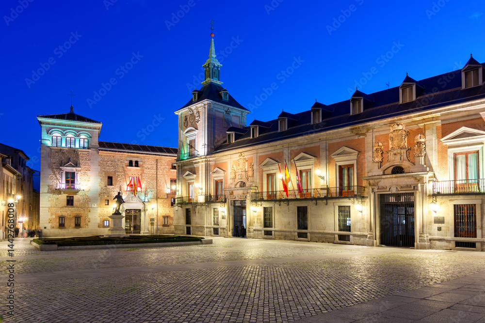 Plaza de la Villa square at night, Madrid, Spain