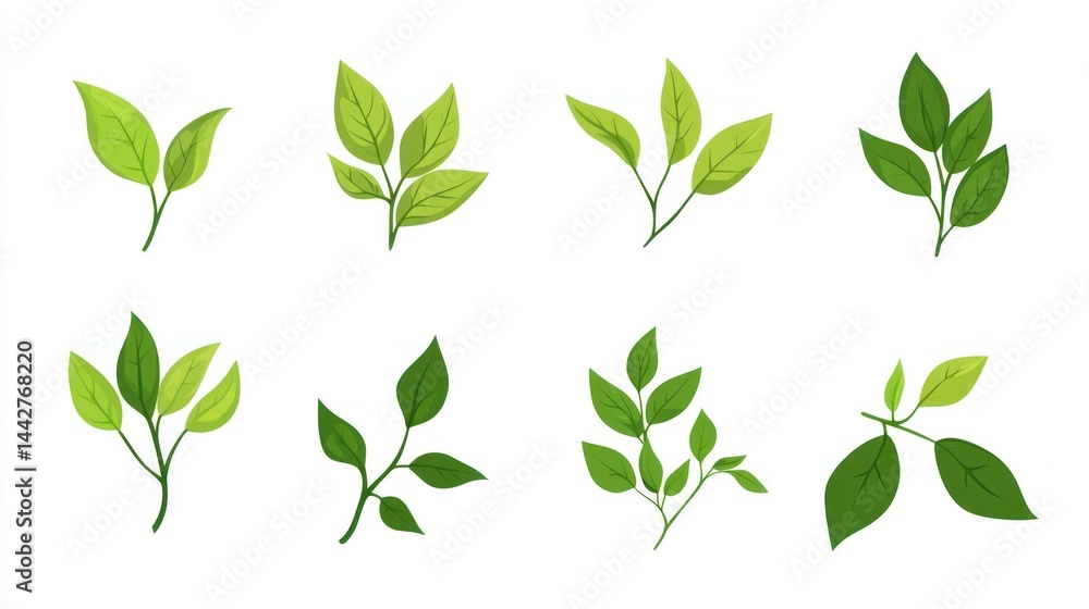 Green leaves illustrations, various shapes Green leaves illustrations, various shapes