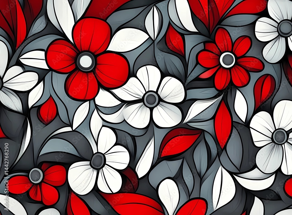 Red and gray floral pattern, simple geometric background Red and gray floral pattern, simple geometric background