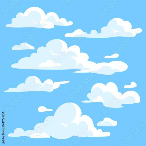 Cartoon clouds isolated on blue sky panorama vector collection. Cloudscape flat design hand drawn, white cloud illustration