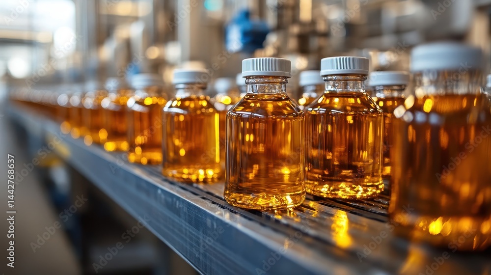 Amber liquid bottling process in modern industrial facility Amber liquid bottling process in modern industrial facility