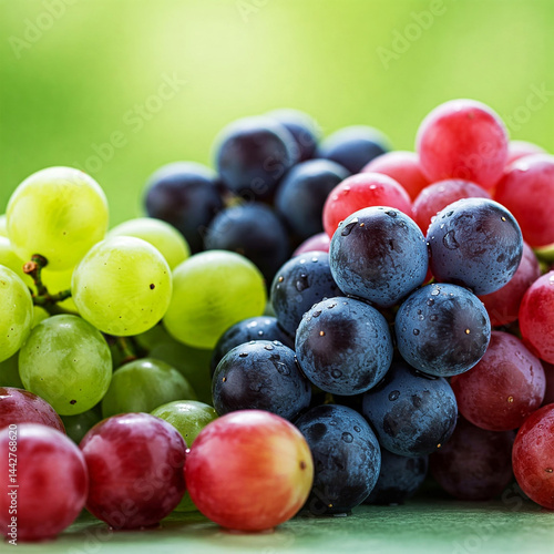 Assorted Bunches of Fresh Green, Red, and Black Grapes with Water Droplets on Natural Green Background – Colorful Organic Fruit for Healthy Living, Wine Making, and Food Design