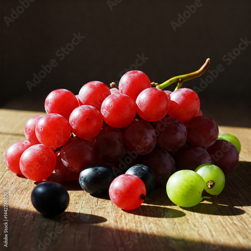 Assorted Bunches of Fresh Green, Red, and Black Grapes with Water Droplets on Natural Green Background – Colorful Organic Fruit for Healthy Living, Wine Making, and Food Design