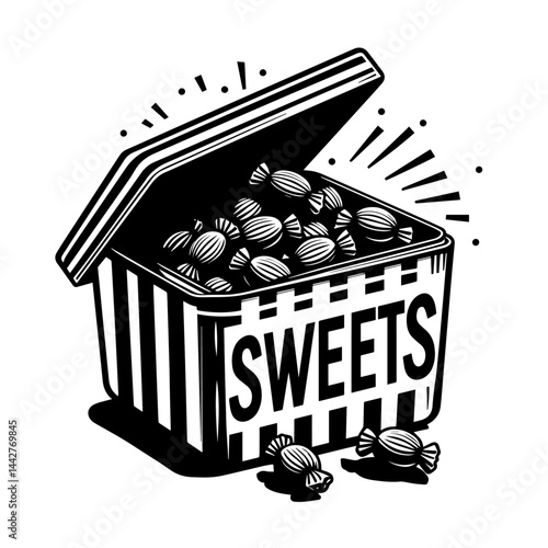 sweet candies in open box illustration vintage minimal graphic design in black and white vector
