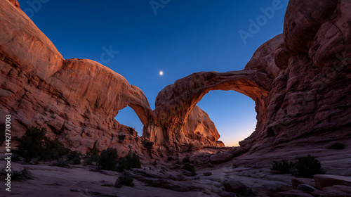Double natural rock arch formation under clear blue hour sky with crescent moon shining above desert landscape, creating serene and majestic atmosphere
