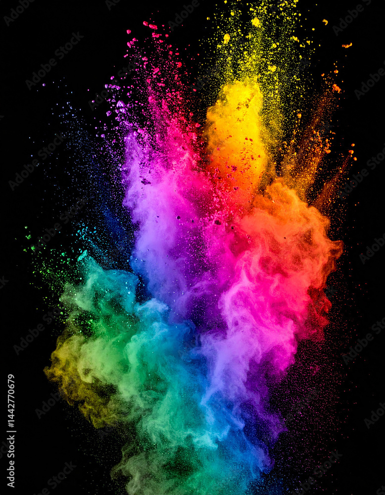 Fototapeta premium Exploding cloud of colorful powder particles, vibrant rainbow explosion, black background.