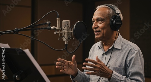 An older Asian man with grey hair and headphones speaks into a studio microphone, gesturing with his hands while recording audio in a professional sound booth.