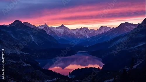 Pink And Purple Sunset Over Mountain Lake