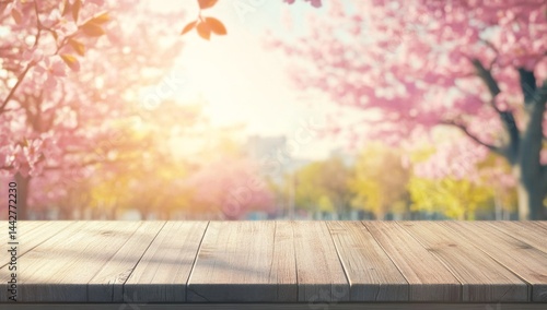 Fototapeta Naklejka Na Ścianę i Meble -  Springtime wooden table in cherry blossom park