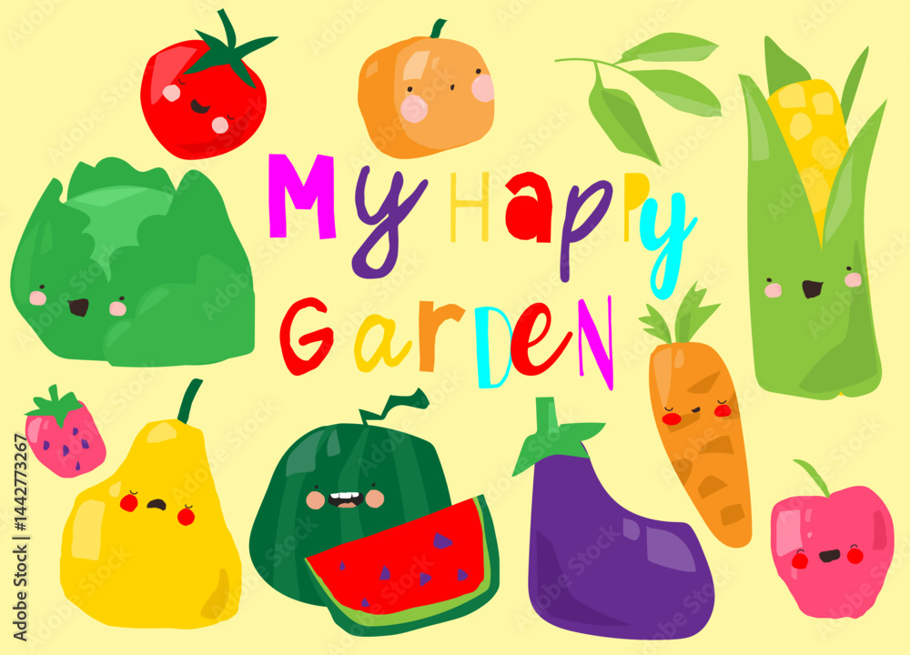Set of Cute Cartoon Fruits and Vegetables