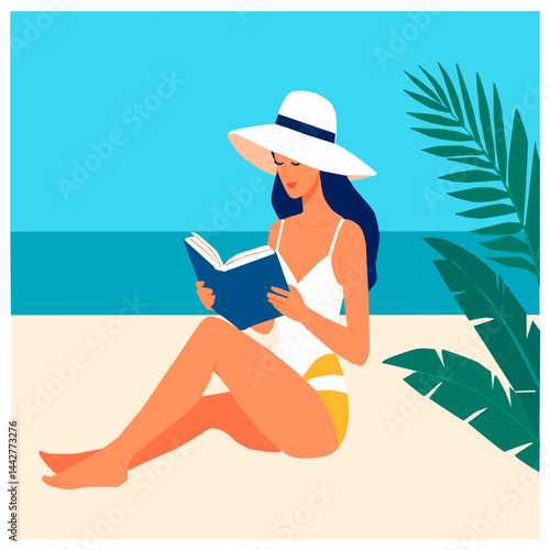 Vector illustration of a young woman reading a book while relaxing on the beach. The scene depicts a summery atmosphere with vibrant colors, palm trees in the background, clear skies, and turquoise se