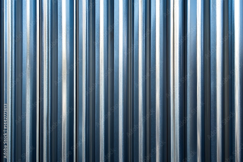 Obraz premium Corrugated Metal Wall, Shiny Surface, Industrial Texture, Metallic Vertical Lines Pattern