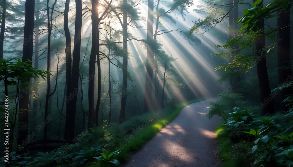 Misty Forest Path with Sunbeams