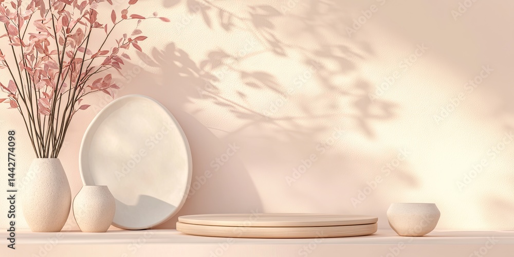 Fototapeta premium Delicate, pastel-toned display with decorative pottery and plants.