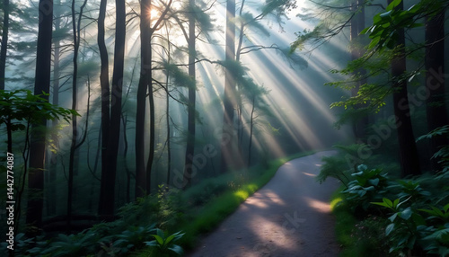 Obraz na płótnie Misty Forest Path with Sunbeams w salonie