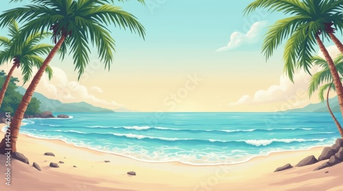 Vintage poster of paradise beach  pastel palette  palms and waves  horizontal  relaxing mood  no people.  