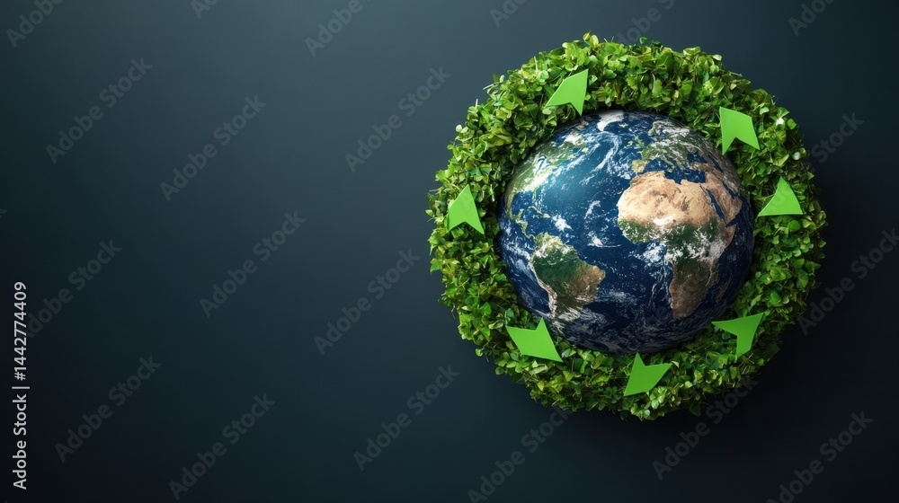 Globe Surrounded by Greenery and Arrows Symbolizing Sustainability and Environmental Responsibility Globe Surrounded by Greenery and Arrows Symbolizing Sustainability and Environmental Responsibility