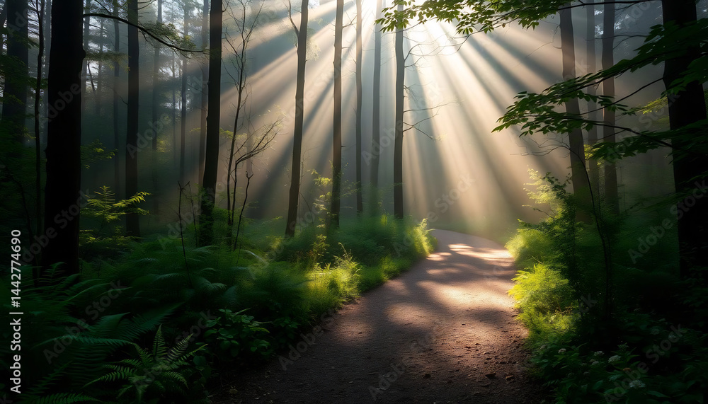 Misty Forest Path with Sunbeams