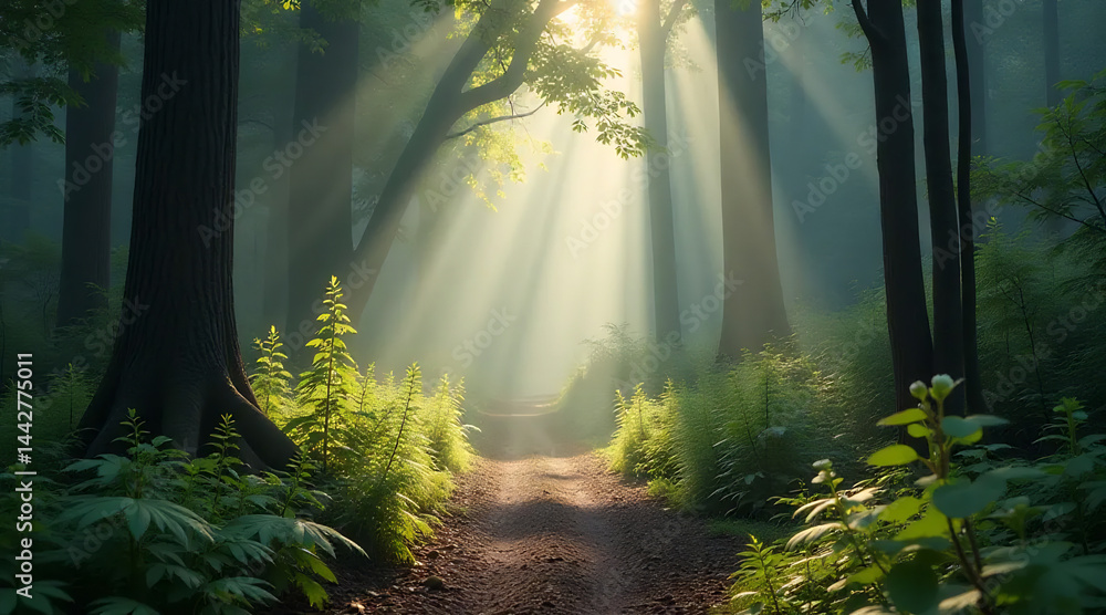 Misty Forest Path with Sunbeams