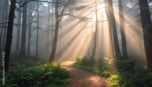 Misty Forest Path with Sunbeams