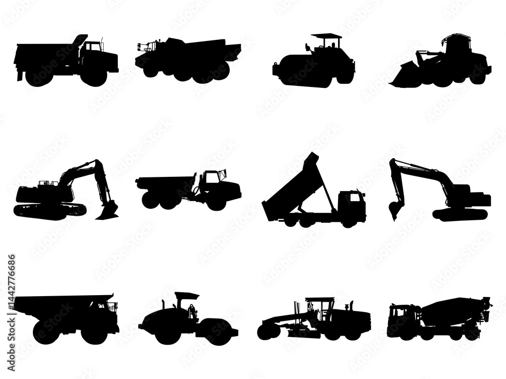 Obraz premium Set of Heavy Construction Equipment Machinery Silhouette in various poses isolated on white background