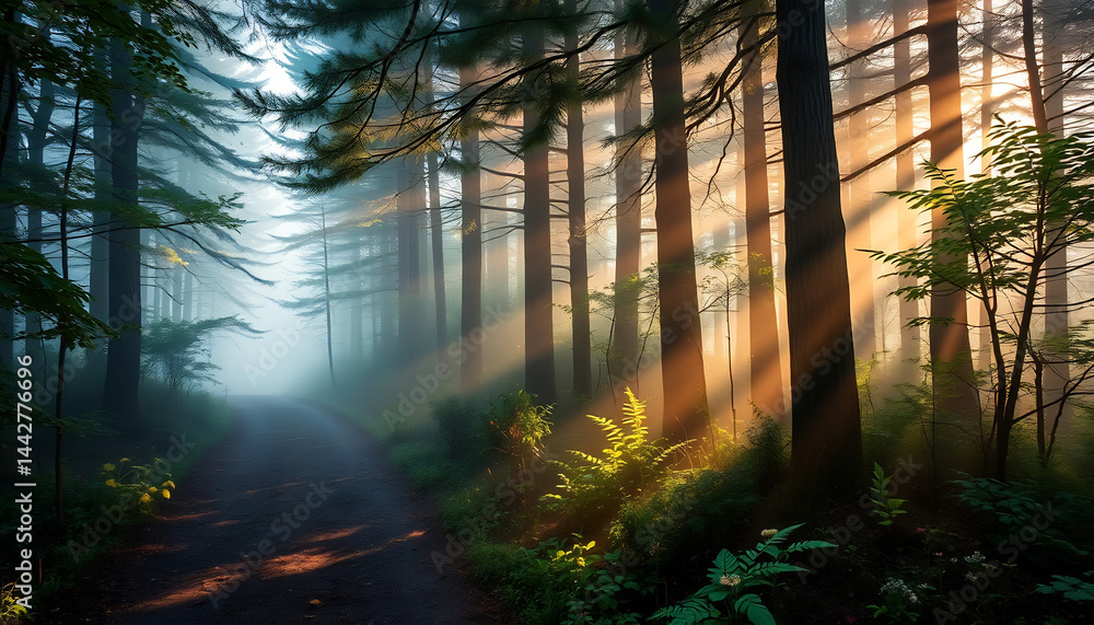 Misty Forest Path with Sunbeams