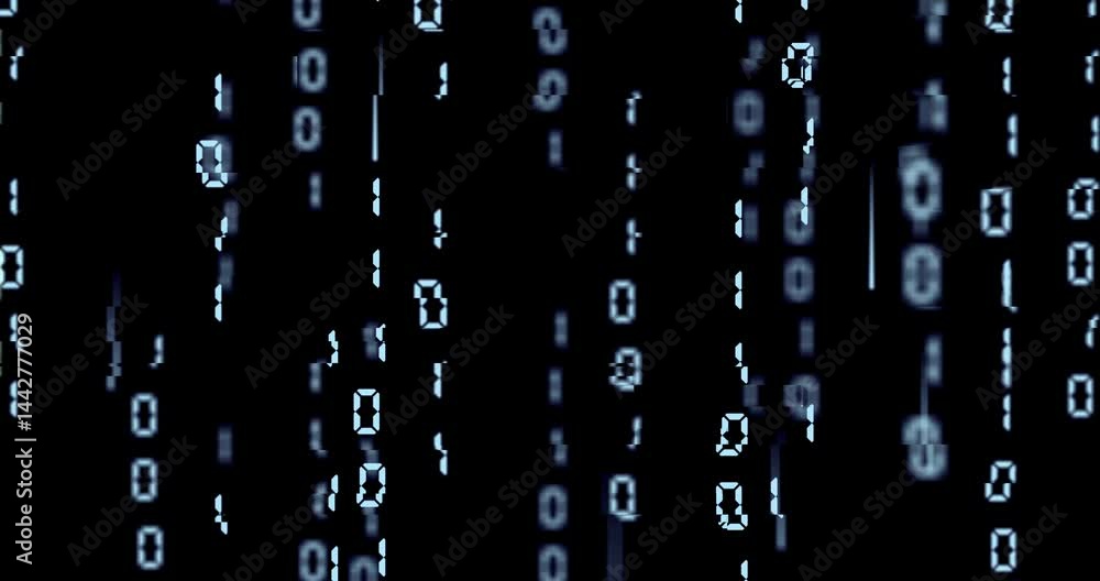Binary code matrix background with falling numbers and glitching aberrations, digital data stream effect animation, loop footage
