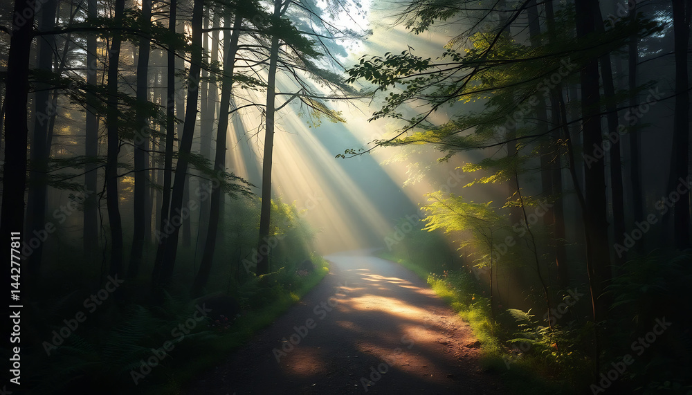 Misty Forest Path with Sunbeams