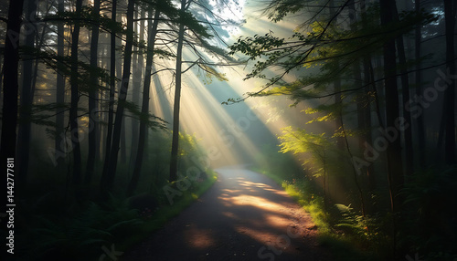 Obraz na płótnie Misty Forest Path with Sunbeams w salonie