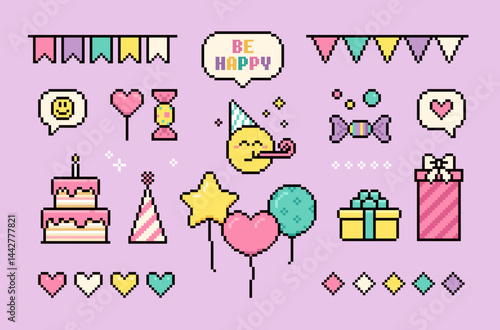 Pixel art Happy Birthday elements collection of present box, gifts, holiday cake, balloons. Birthday party icons (set 2). Y2k trendy pixel holiday stickers. 8-bit game style icons in vector