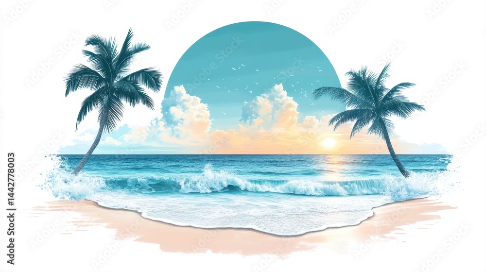 Fototapeta premium Serene Tropical Beach Scene with Sun Setting Over Ocean Waves and Palm Trees in Vibrant Colors