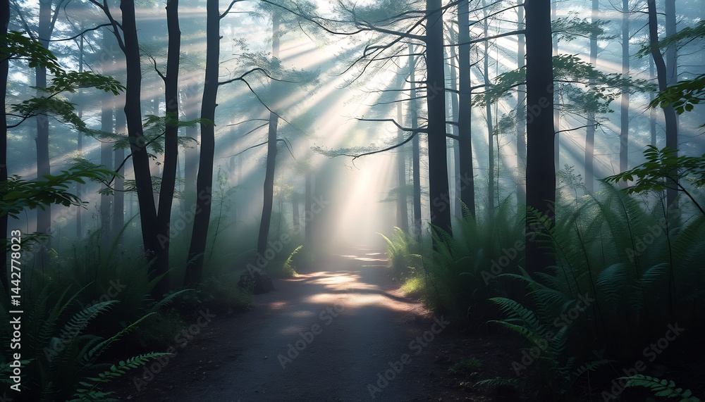 Misty Forest Path with Sunbeams