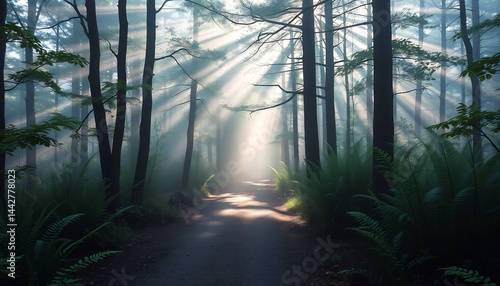 Obraz na płótnie Misty Forest Path with Sunbeams w salonie
