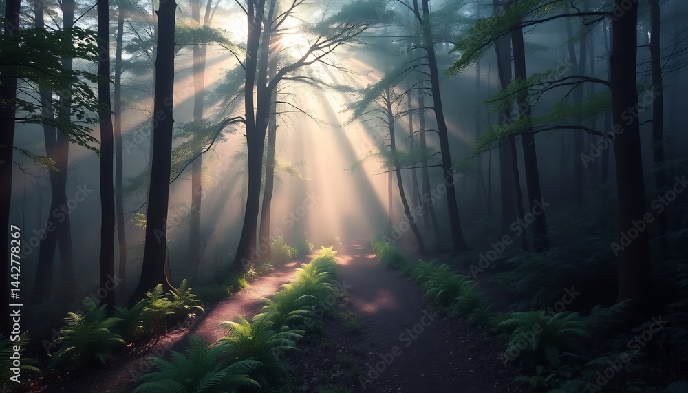 Misty Forest Path with Sunbeams