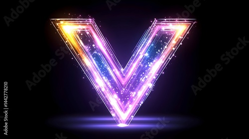 Glowing neon letter V, vibrant hues, sparkling particles