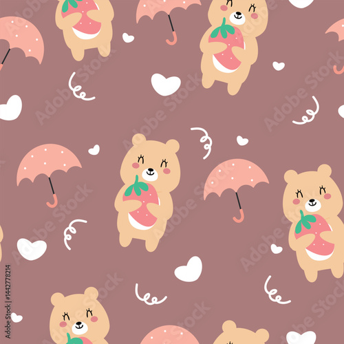 Seamless pattern cute cartoon bear holding strawberry. cute animal drawing for wallpaper, pattern, background