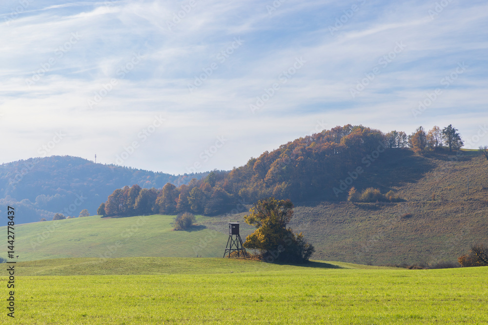 Hunting tower standing in a green field with autumn foliage in the background