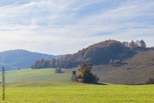 Obraz na płótnie Hunting tower standing in a green field with autumn foliage in the background w salonie