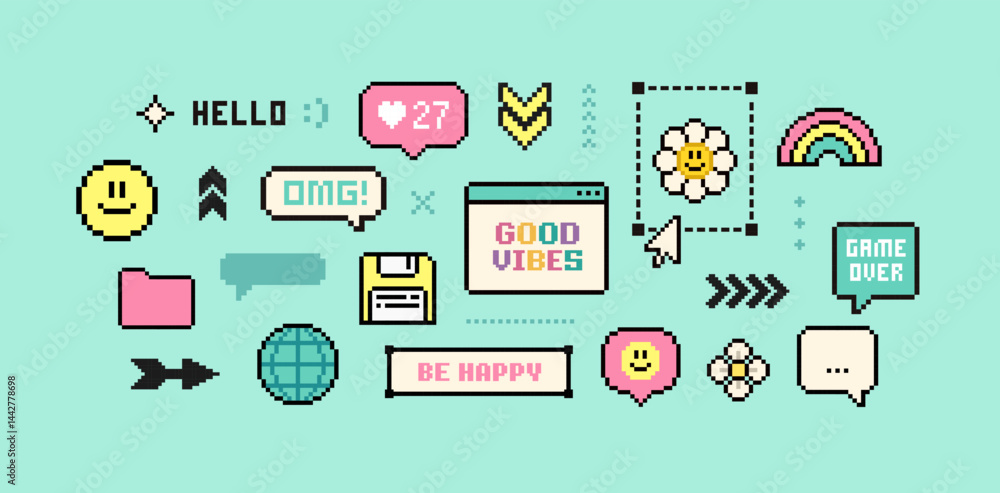 Y2k Pixel game elements and stickers of Good Vibes 90's aesthetics (set 3). 8-bit retro game background. Y2k geometric forms brutalism UI interface. Playful Pixel PC Icons pack
Y2k Pixel game elements and stickers of Good Vibes 90's aesthetics (set 3). 8-bit retro game background. Y2k geometric forms brutalism UI interface. Playful Pixel PC Icons pack