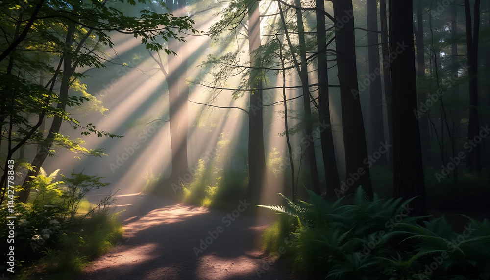 Misty Forest Path with Sunbeams