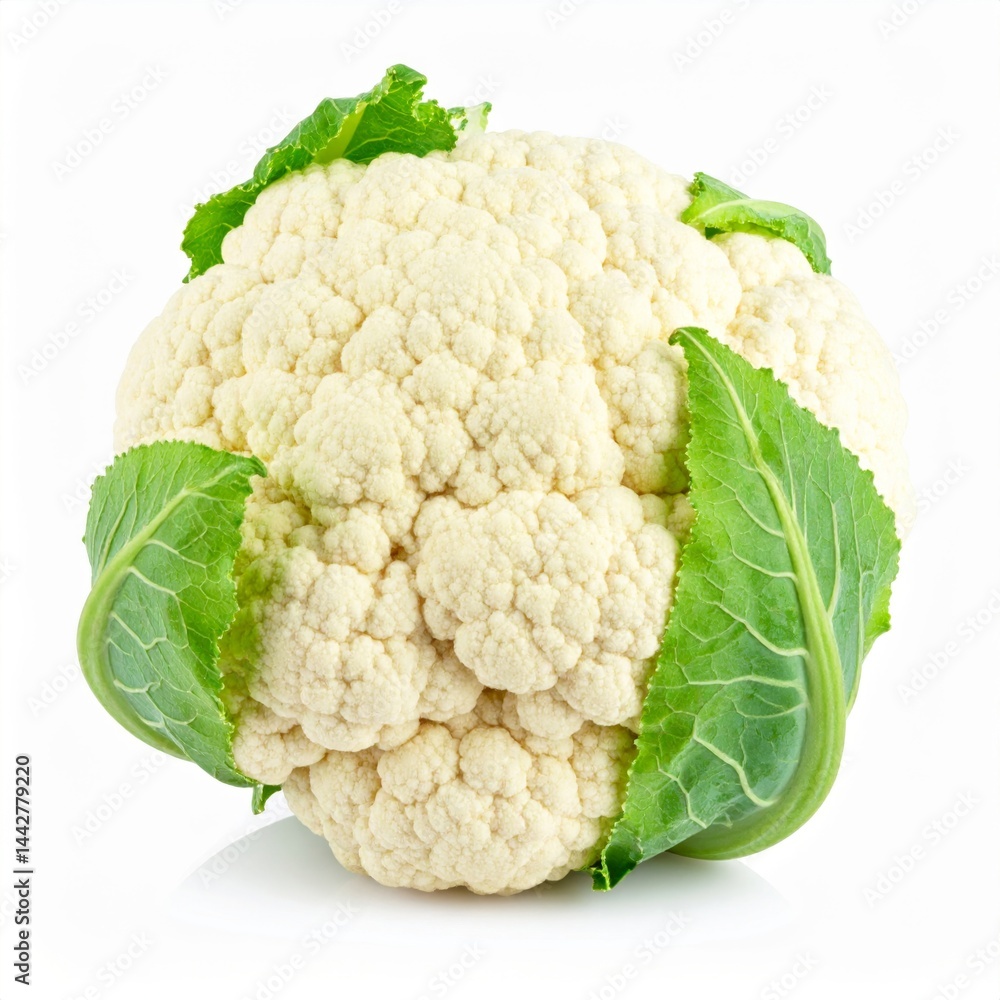 Fresh Cauliflower with Green Leaves on White Background Fresh Cauliflower with Green Leaves on White Background
