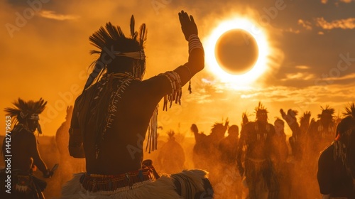 Native American ceremony during a solar eclipse.  A group of people, dressed in traditional regalia, celebrate under a dramatic sky.  A ring of fire from an eclipse surrounds the sun
