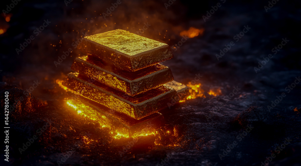 Stack of gold bars on the ground glowing Stack of gold bars on the ground glowing