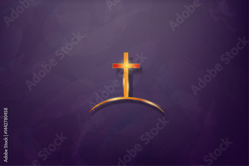 Metallic 3d red and gold cross on a hill on textured blue background with soft lighting from above.  Minimalist Golden Christian cross banner template with no text. Minimalism. Vector Illustration.