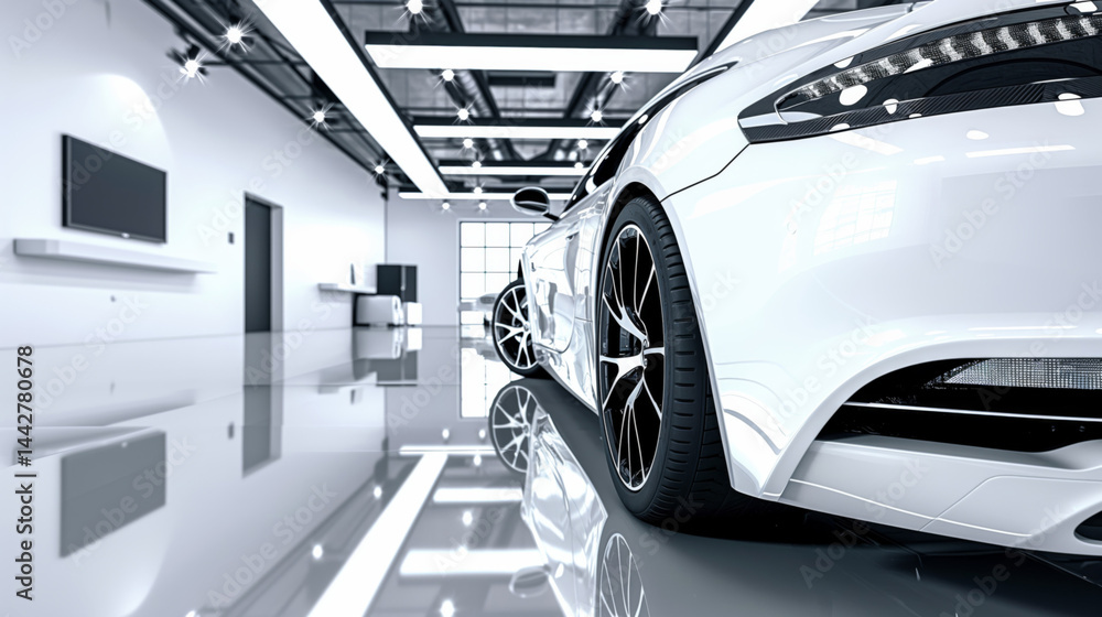 Fototapeta premium Luxurious white sports cars displayed in a modern showroom
