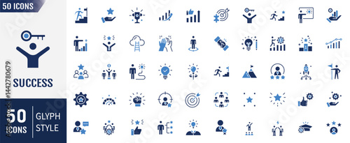 Success flat icon set. Containing achievement, successful, strategy, winner, teamwork, goal, brainstorm and more. Vector illustration