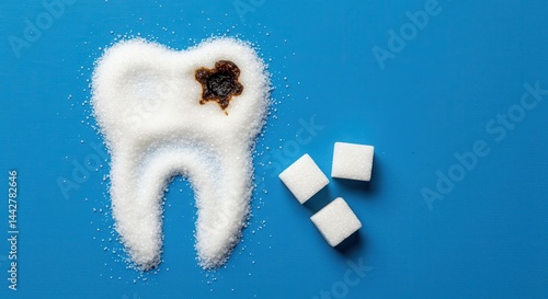 Tooth shape formed from white sugar with a dark spot representing decay, next to sugar cubes on a blue surface. Symbolizes dental health problems from sweet food.